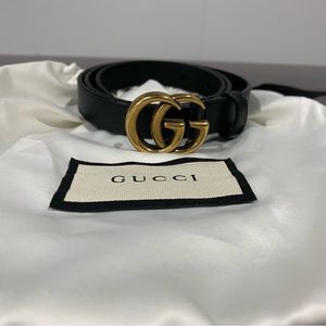 Gucci GG Marmont thin leather belt with shiny buckle